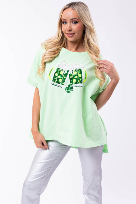 Light Kiwi Sequin St Patricks Day Graphic Top