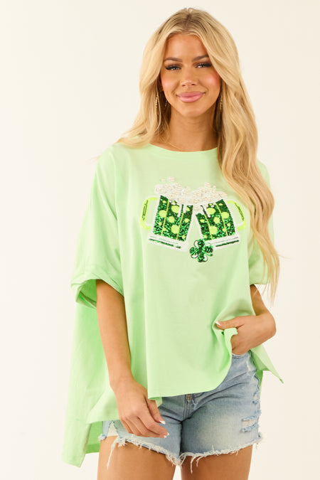 Light Kiwi Sequin St Patricks Day Graphic Top