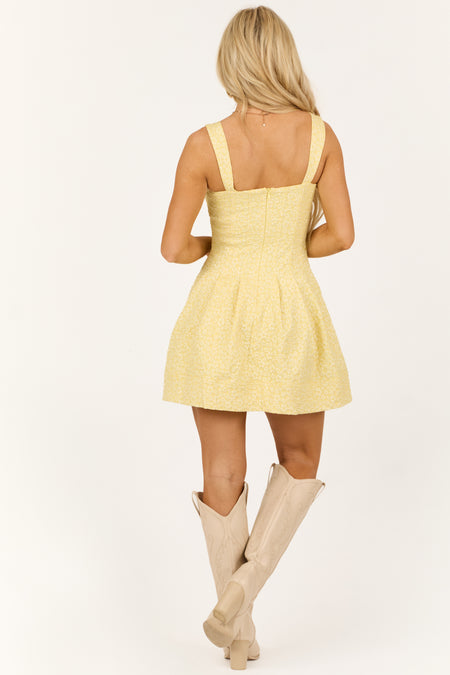 Light Lemon Square Neckline Textured Short Dress