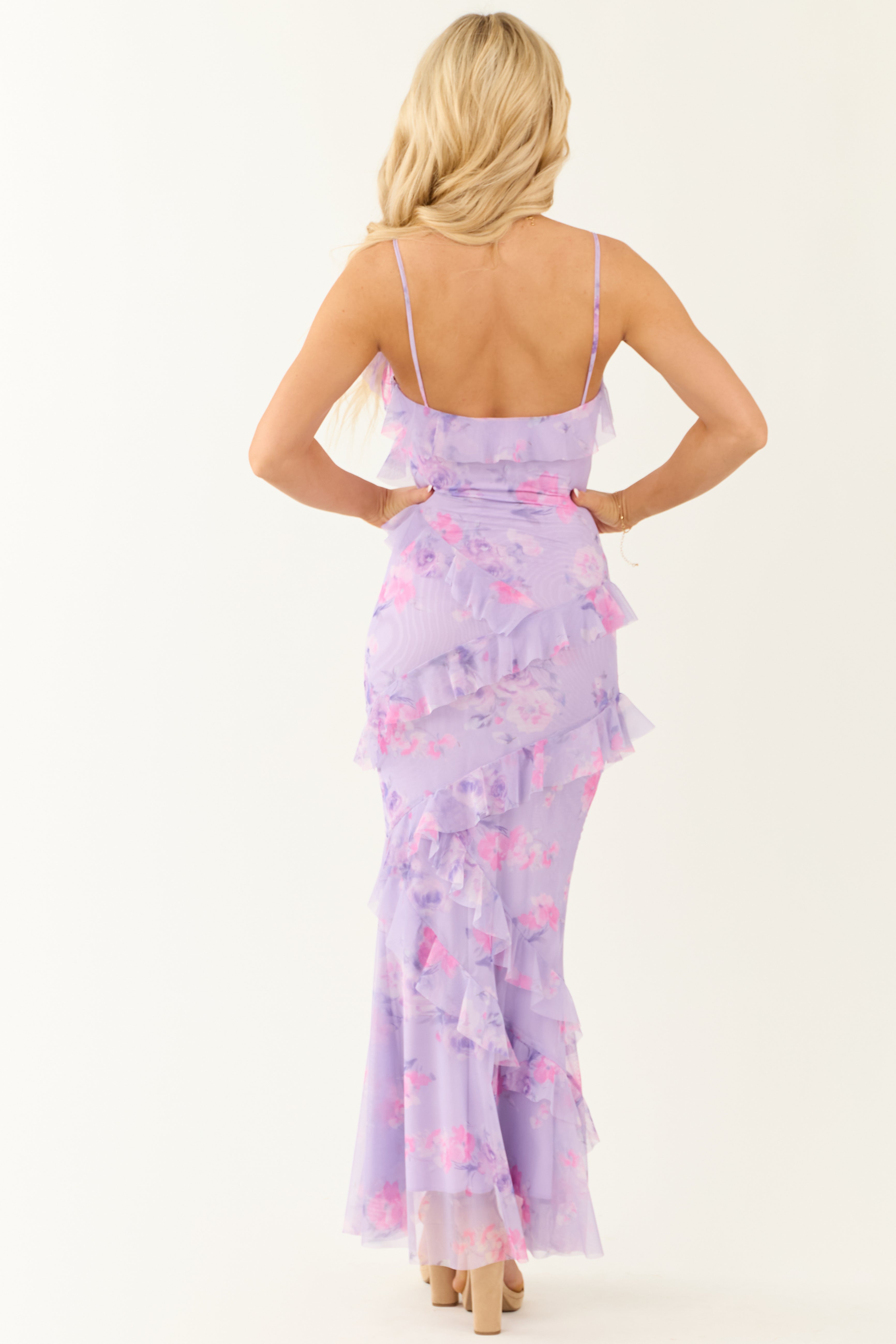 Light Lilac Floral Print Ruffle Mermaid Maxi Dress