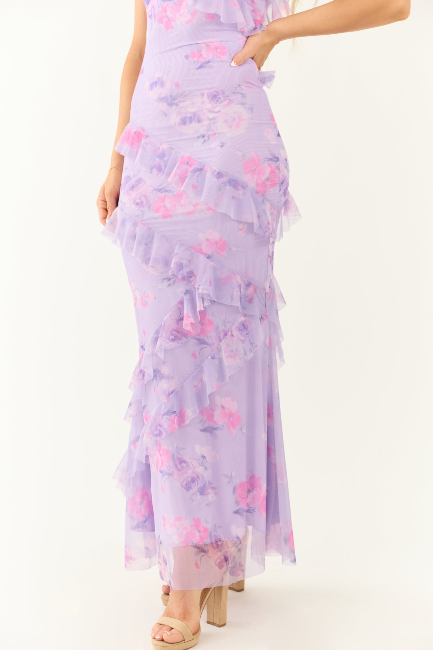 Light Lilac Floral Print Ruffle Mermaid Maxi Dress