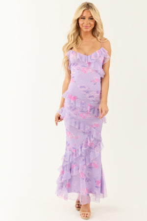 Light Lilac Floral Print Ruffle Mermaid Maxi Dress