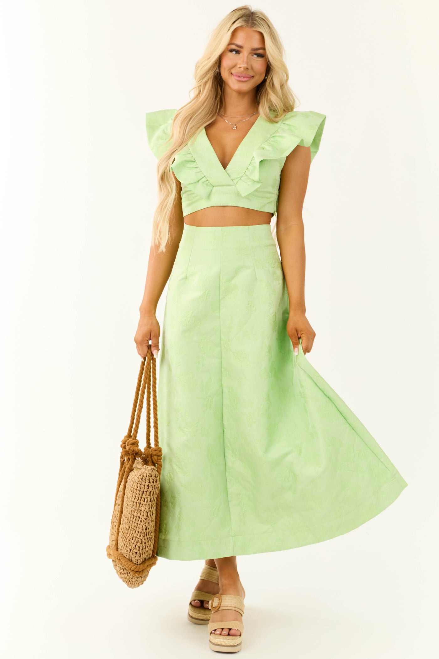 Light Lime Floral Jacquard A Line Midi Skirt