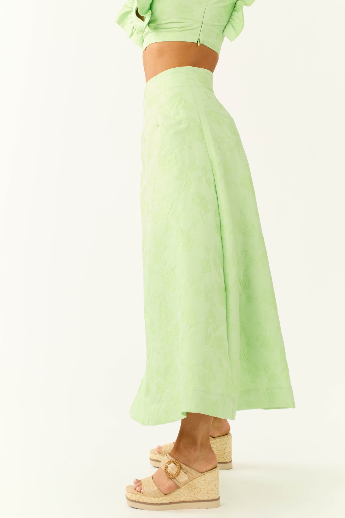 Light Lime Floral Jacquard A Line Midi Skirt