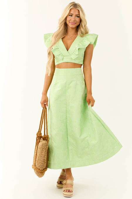 Light Lime Floral Jacquard Ruffle Crop Top