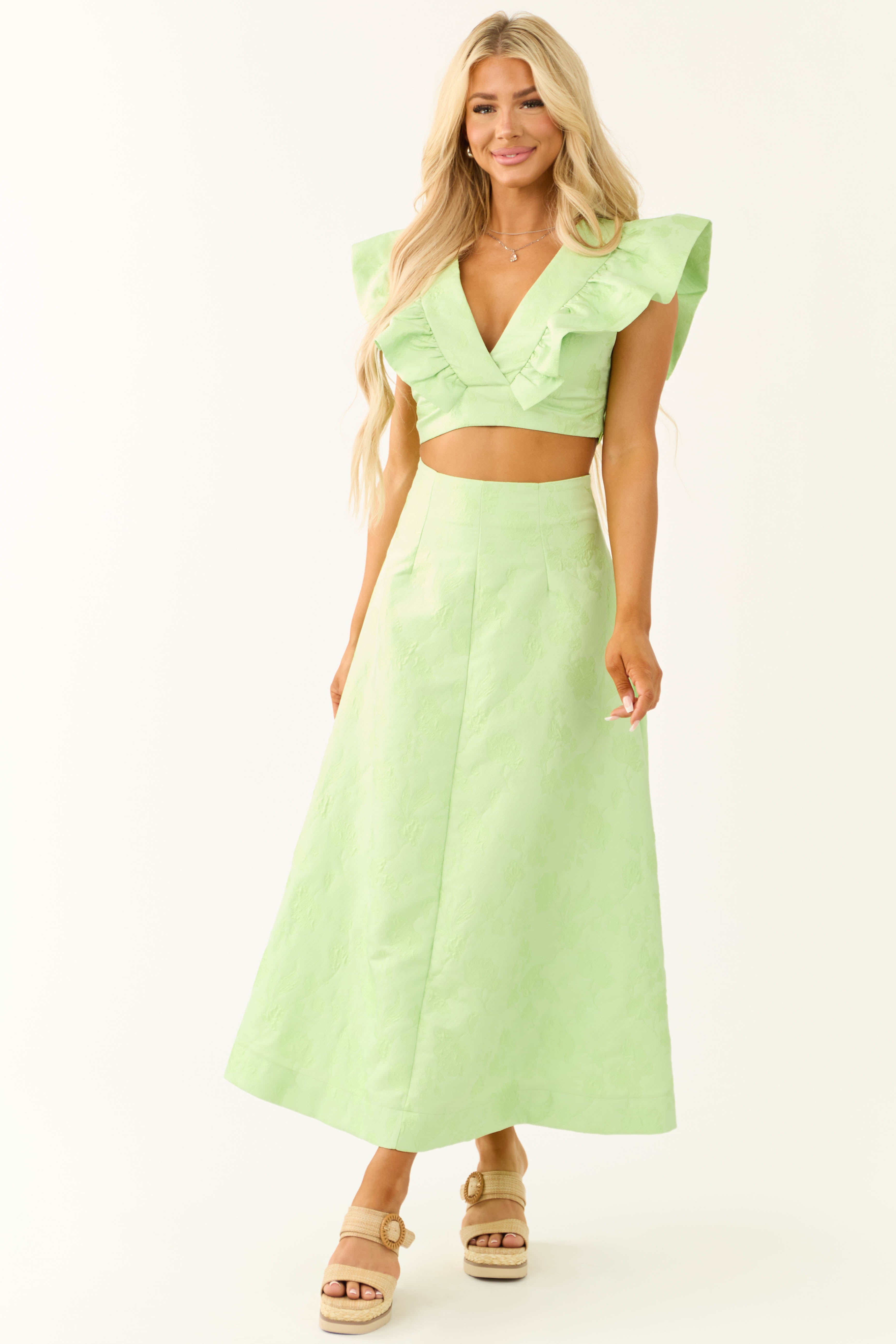 Light Lime Floral Jacquard Ruffle Crop Top