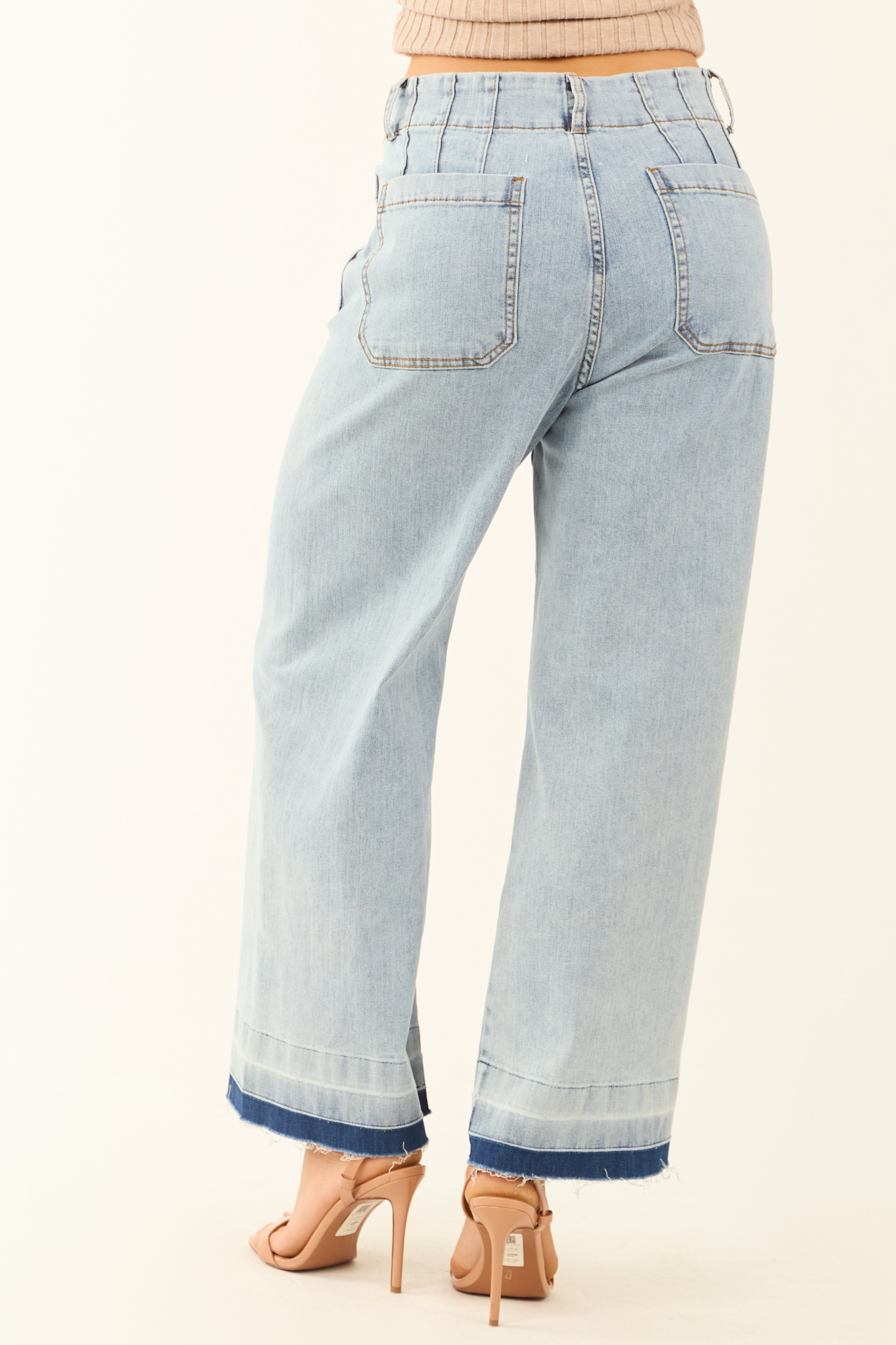 Light Mineral Wash Denim Ombre Hem Patch Pocket Jeans