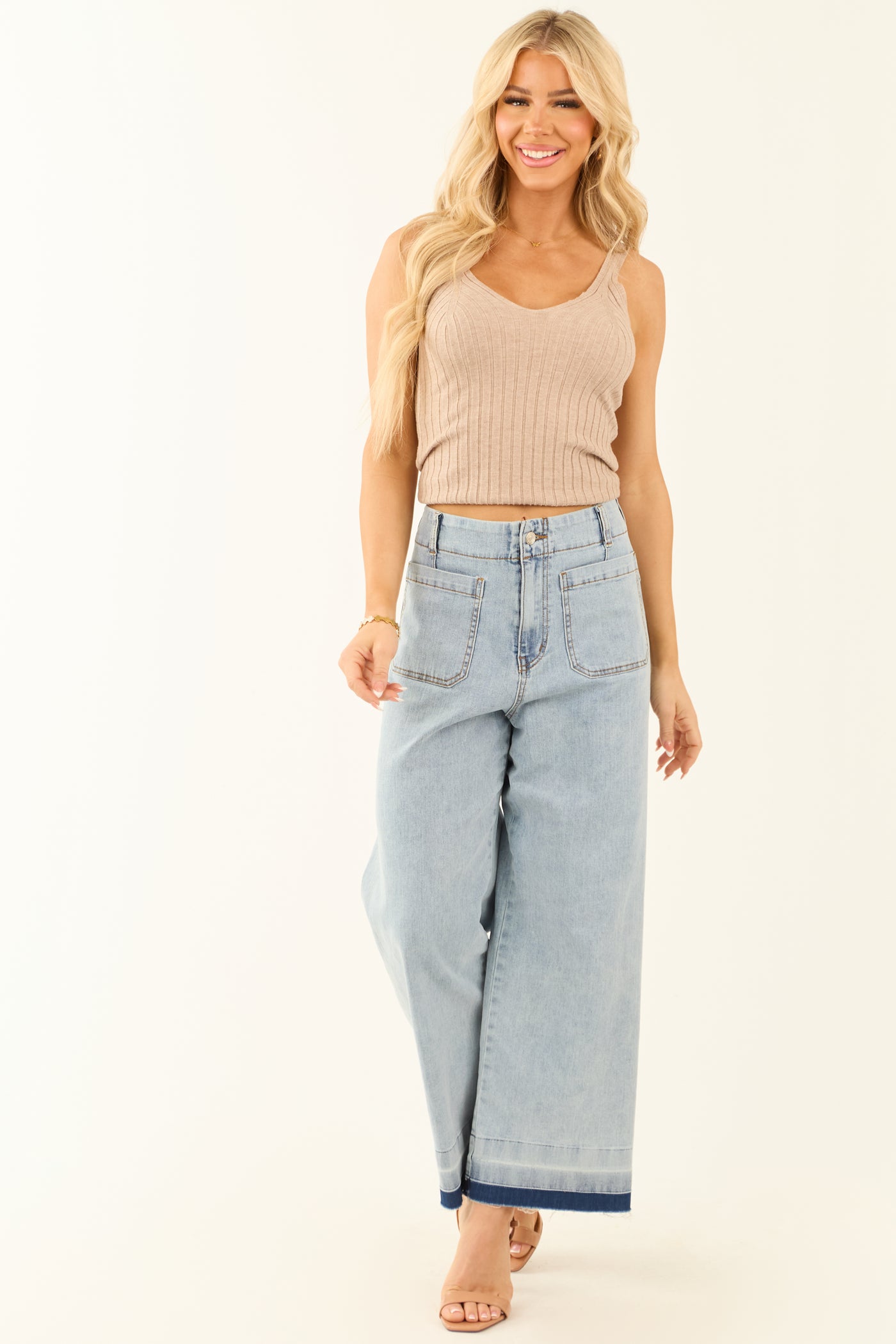 Light Mineral Wash Denim Ombre Hem Patch Pocket Jeans