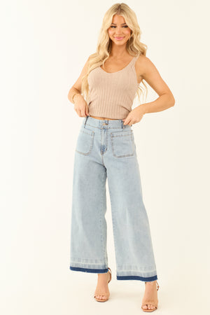 Light Mineral Wash Denim Ombre Hem Patch Pocket Jeans