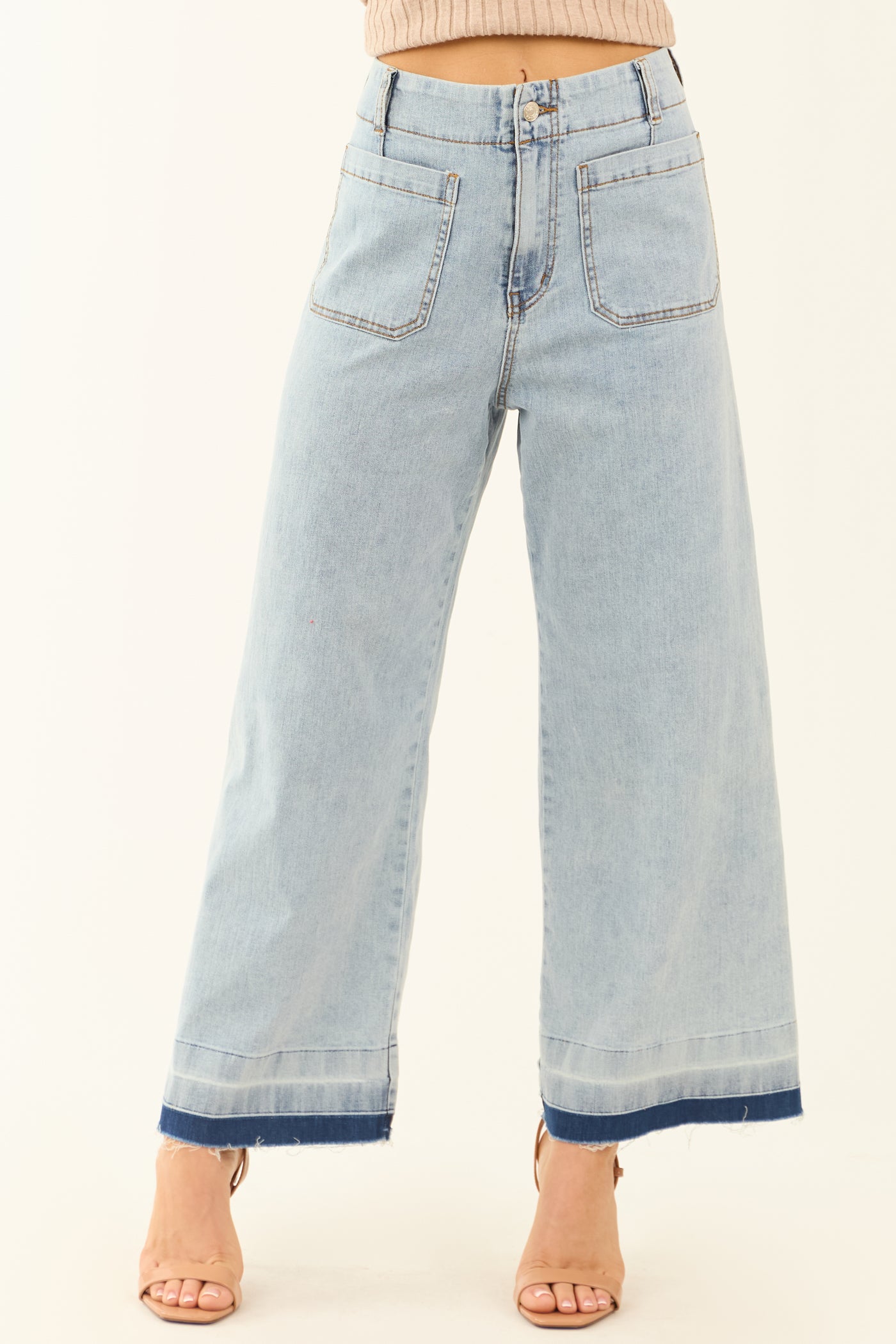 Light Mineral Wash Denim Ombre Hem Patch Pocket Jeans