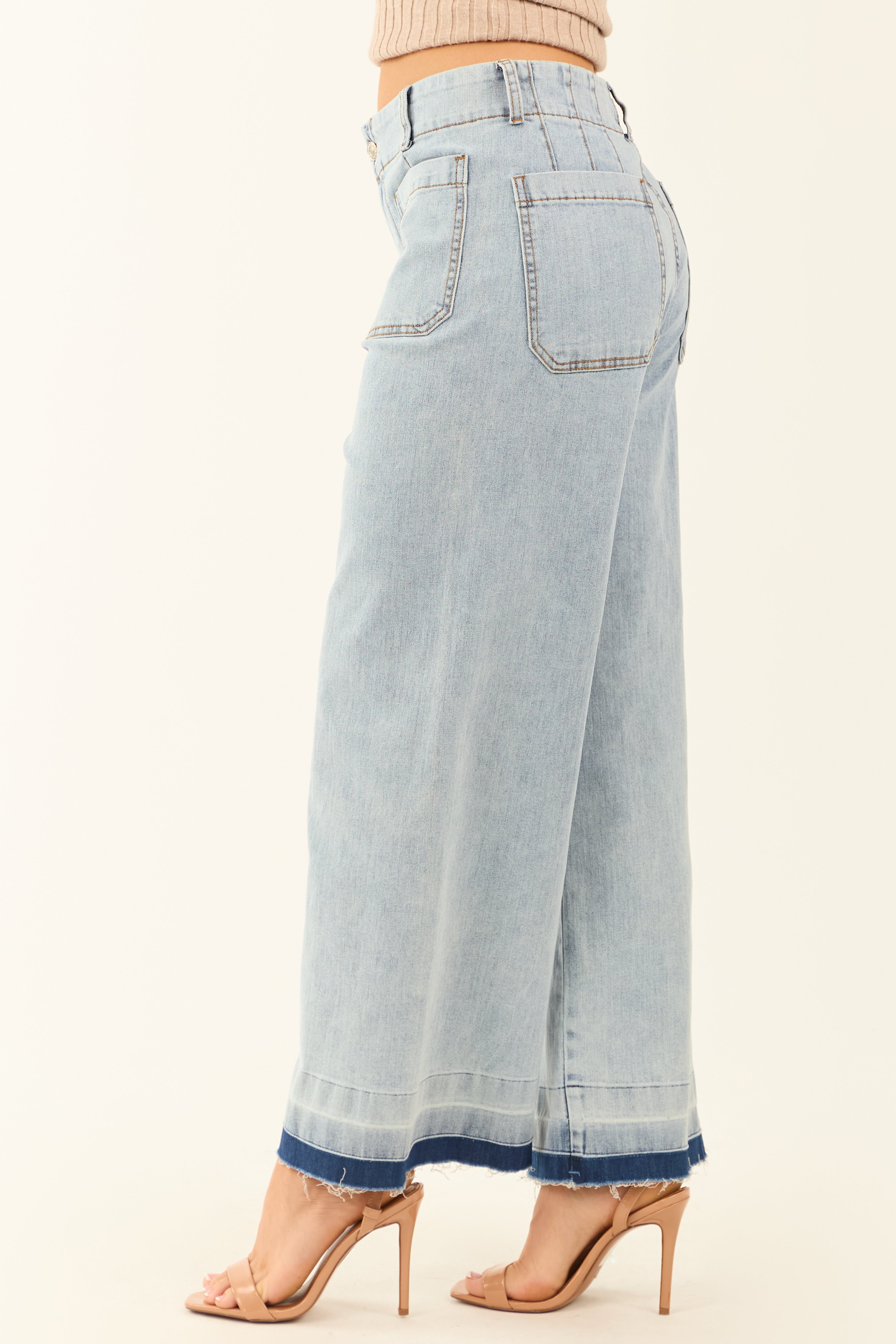 Light Mineral Wash Denim Ombre Hem Patch Pocket Jeans