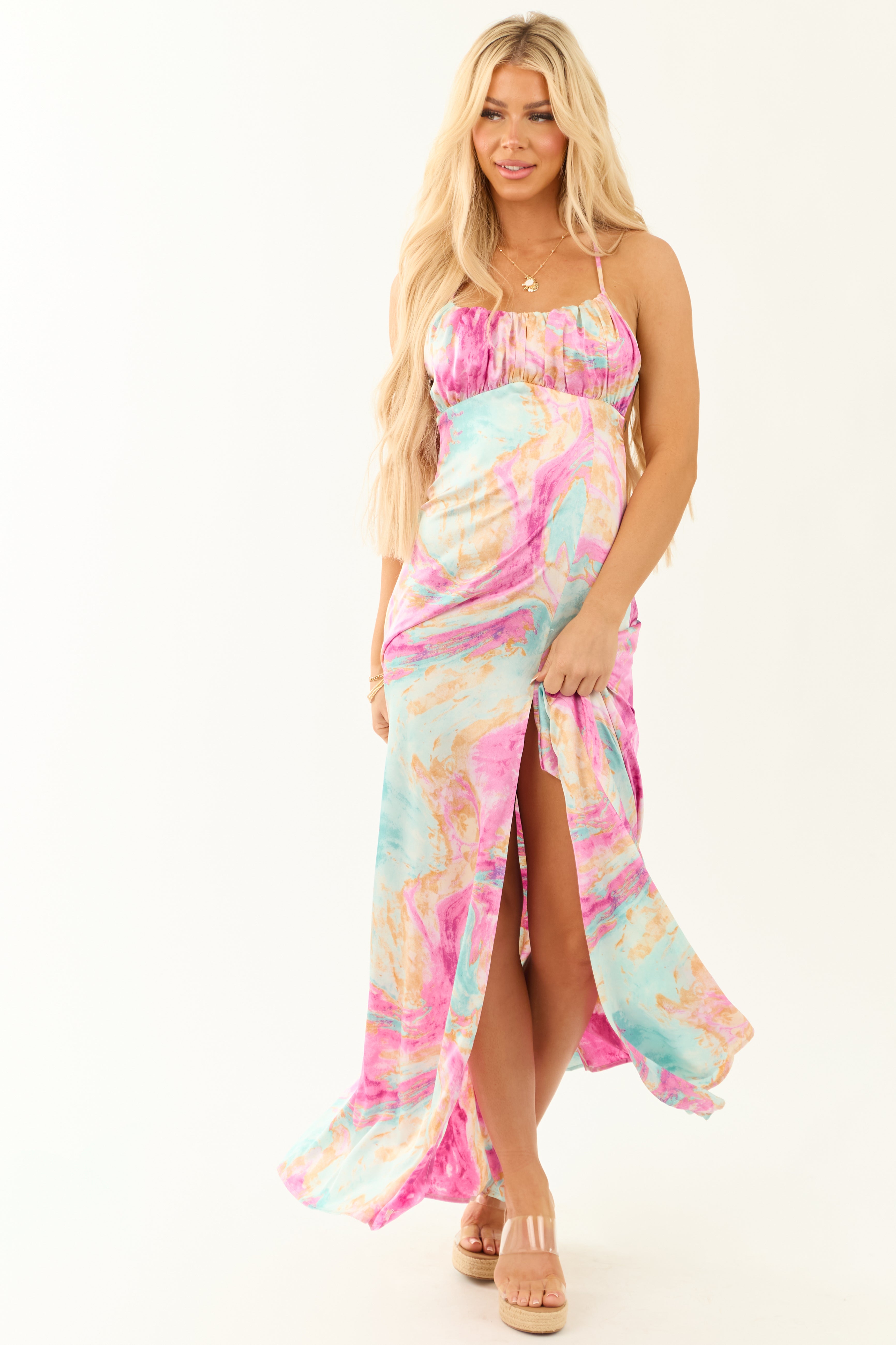 Light Mulberry Open Back Abstract Satin Maxi Dress