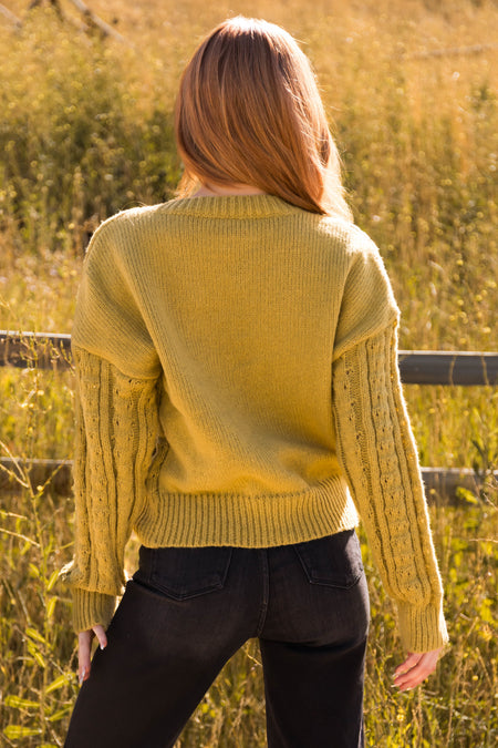 Light Olive Notch Neck Cable Knit Sweater