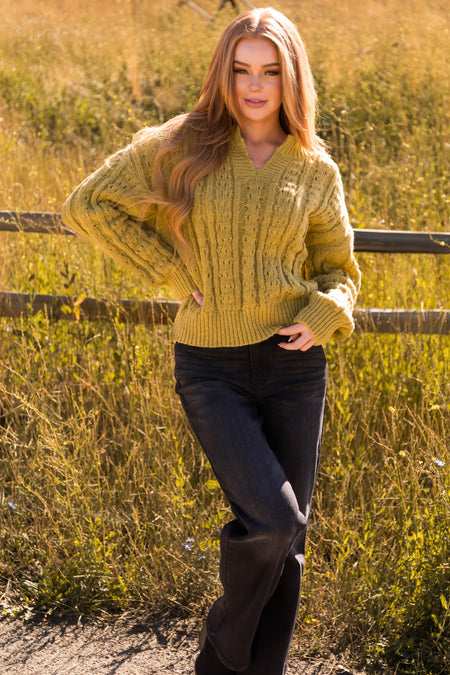 Light Olive Notch Neck Cable Knit Sweater