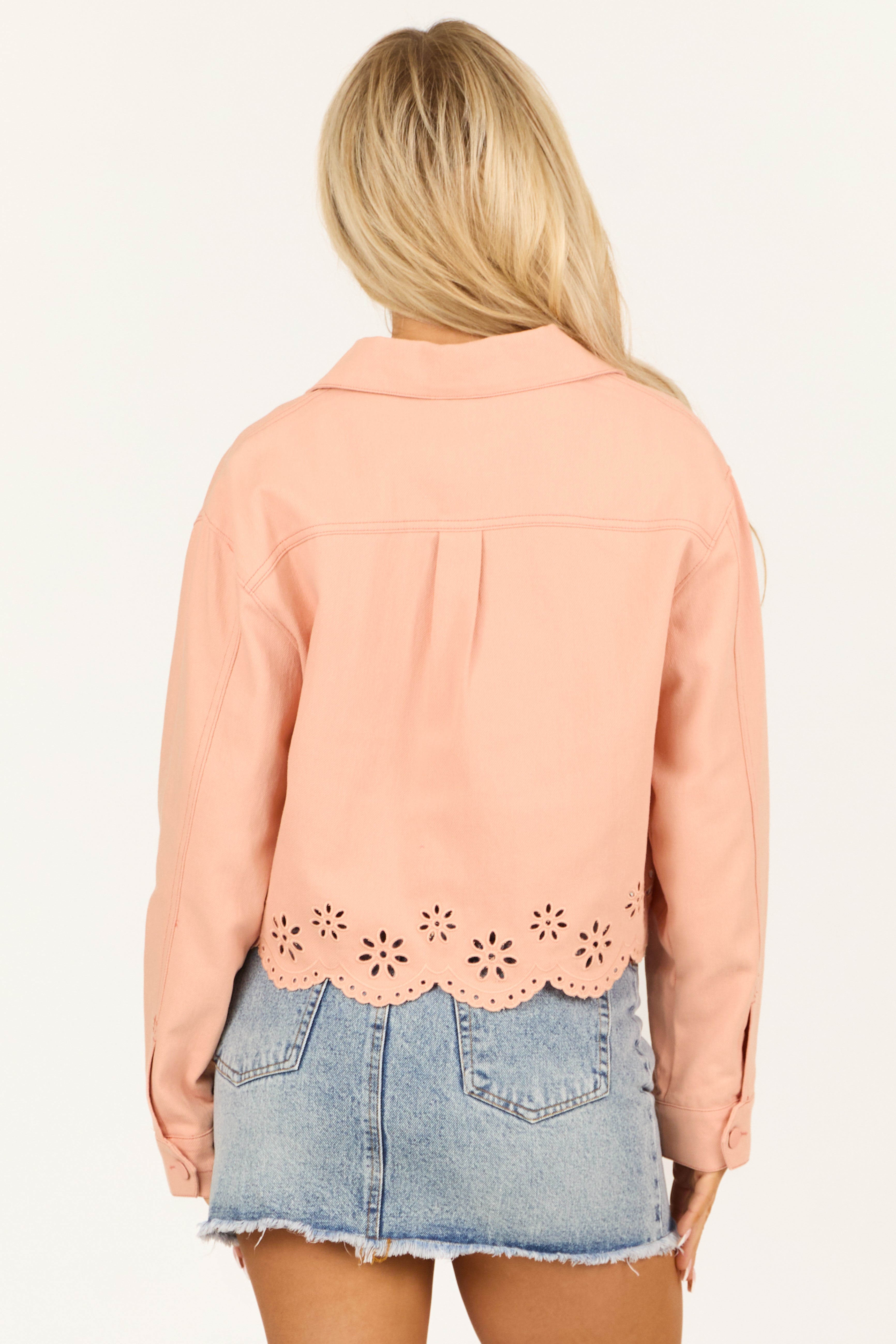 Light Peach Button Down Embroidered Denim Jacket