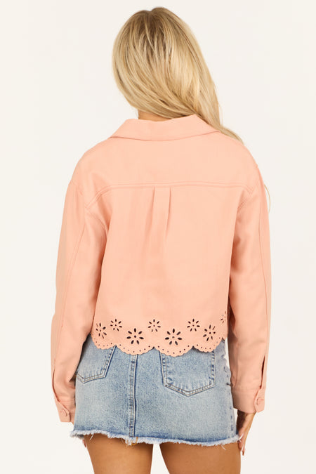 Light Peach Button Down Embroidered Denim Jacket