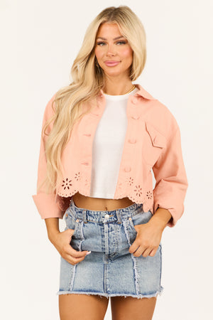 Light Peach Button Down Embroidered Denim Jacket