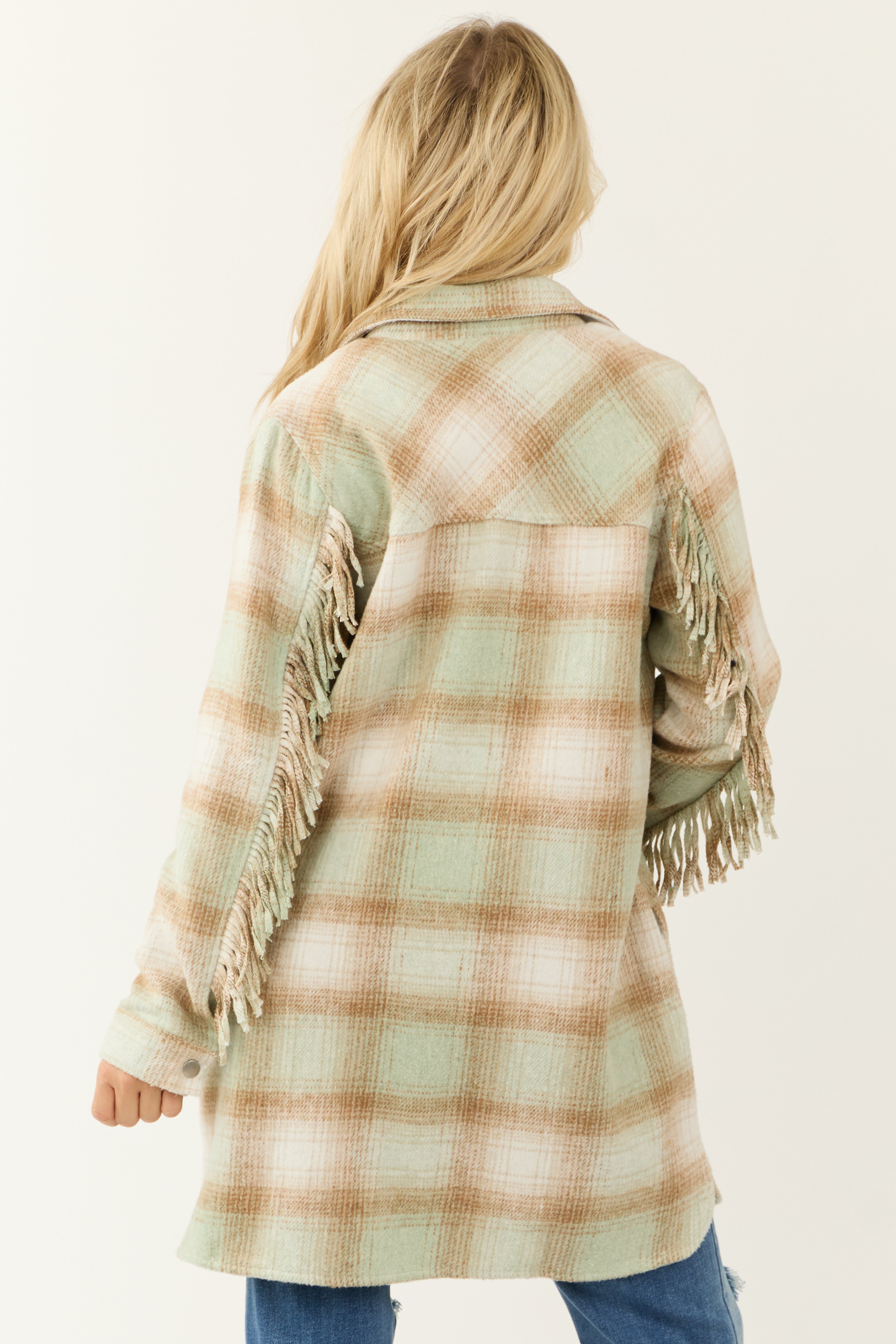 Light Peanut and Coconut Fringe Plaid Shacket