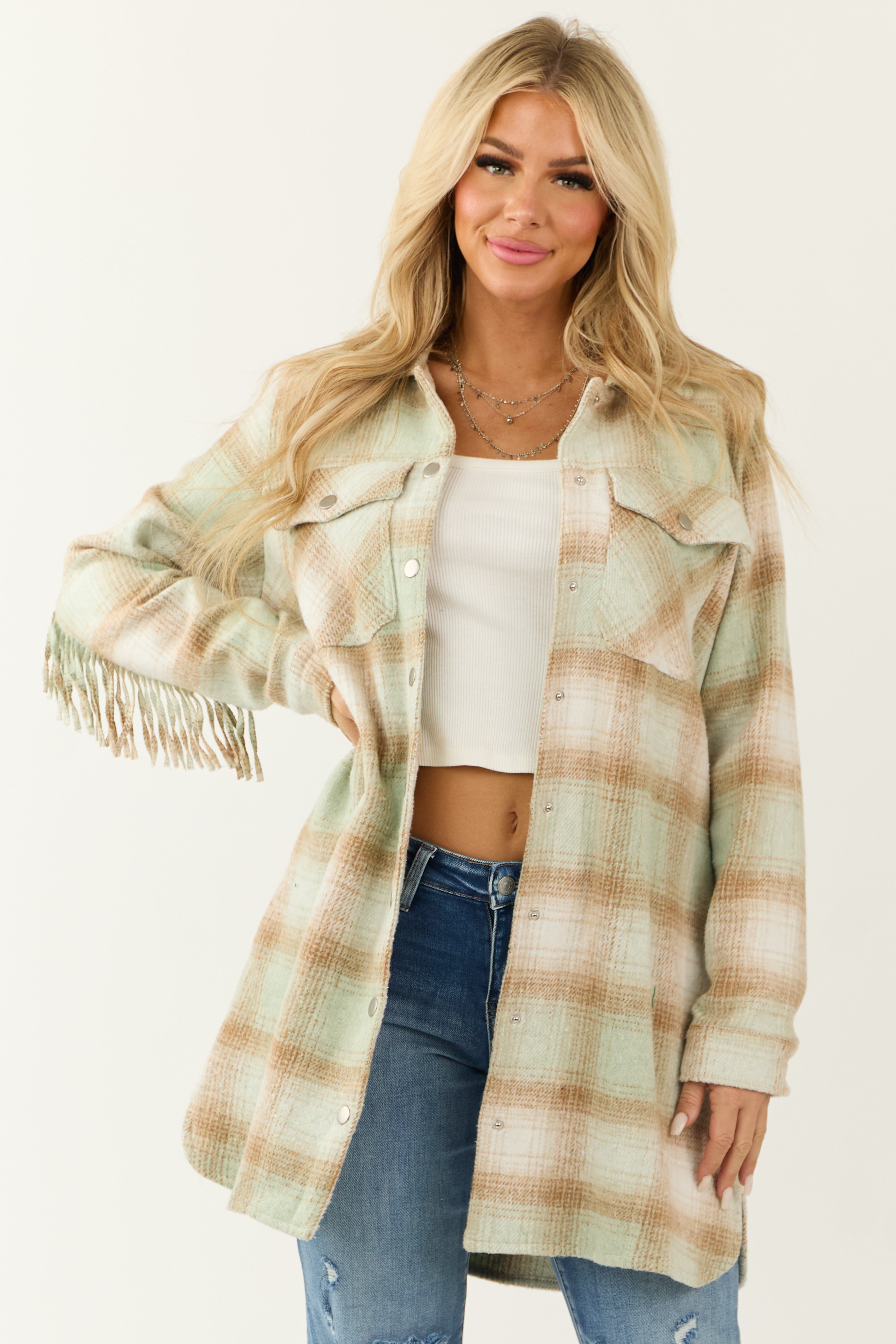 Light Peanut and Coconut Fringe Plaid Shacket