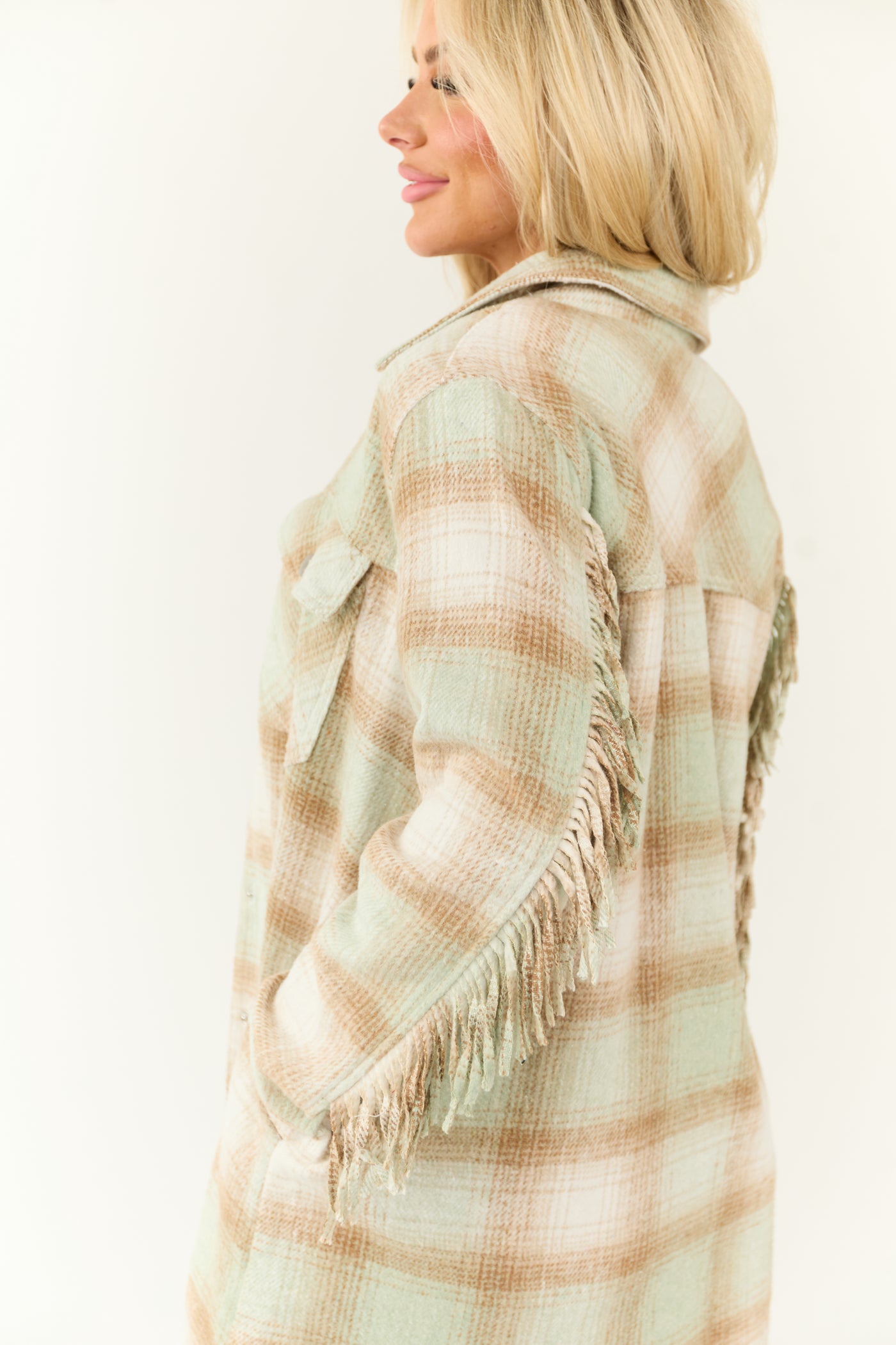 Light Peanut and Coconut Fringe Plaid Shacket