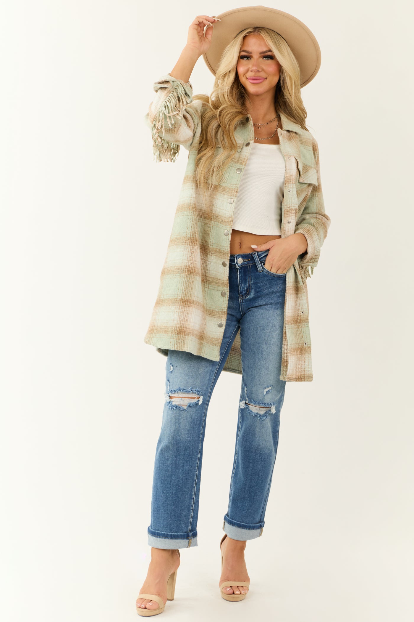 Light Peanut and Coconut Fringe Plaid Shacket