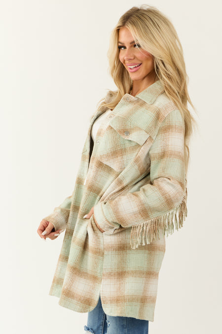 Light Peanut and Coconut Fringe Plaid Shacket