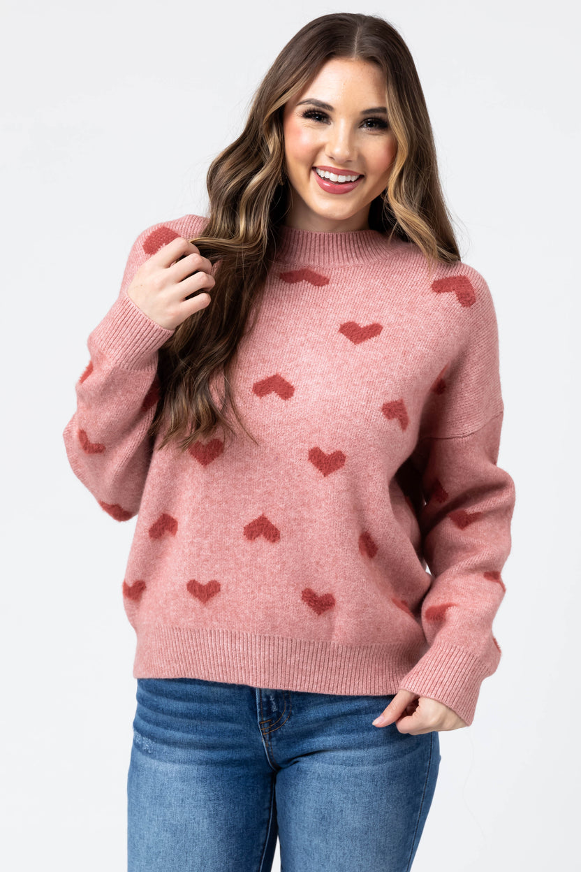 Light Punch Heart Pattern Long Sleeve Sweater