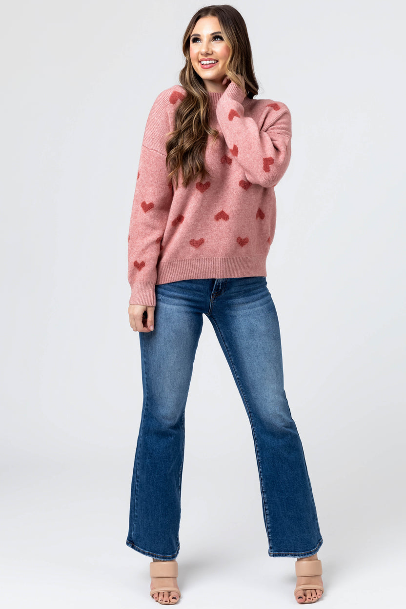 Light Punch Heart Pattern Long Sleeve Sweater