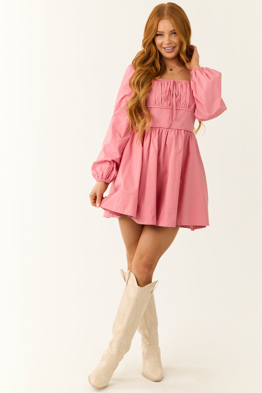 Light Punch Long Sleeve Tie Front Short Dress