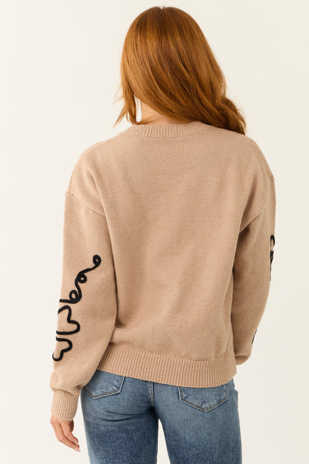 Light Rose Taupe Long Sleeve Flower Sweater