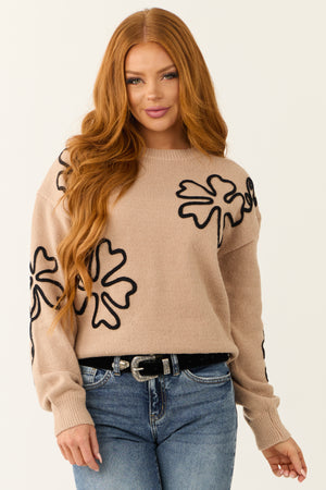 Light Rose Taupe Long Sleeve Flower Sweater