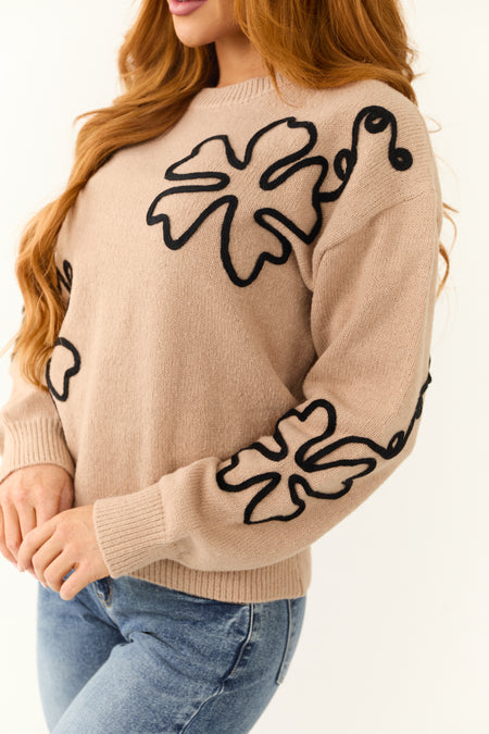 Light Rose Taupe Long Sleeve Flower Sweater