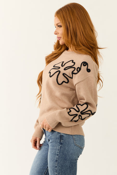 Light Rose Taupe Long Sleeve Flower Sweater