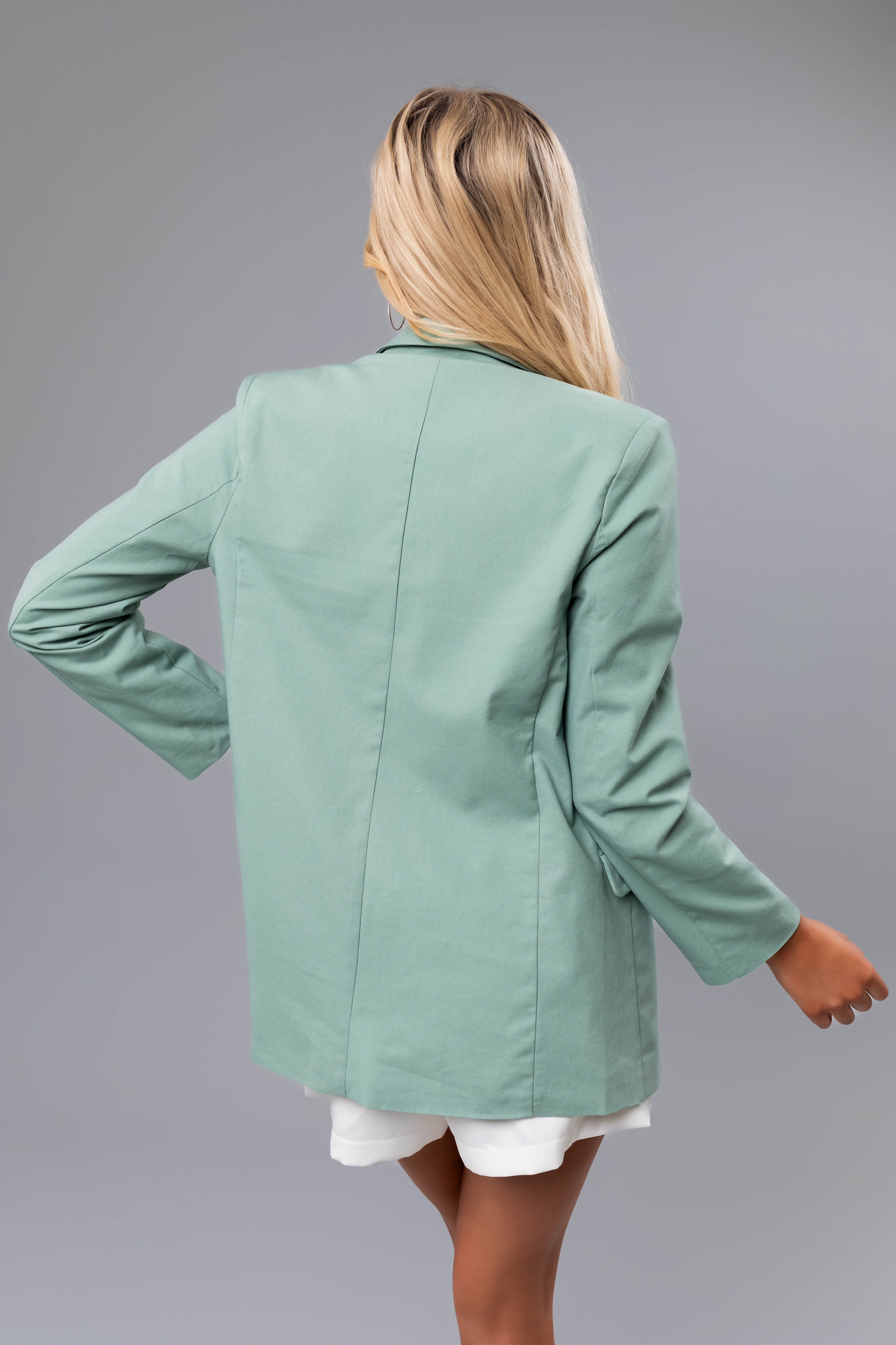 Light Sage Open Front Linen Blazer