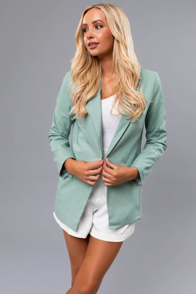 Light Sage Open Front Linen Blazer