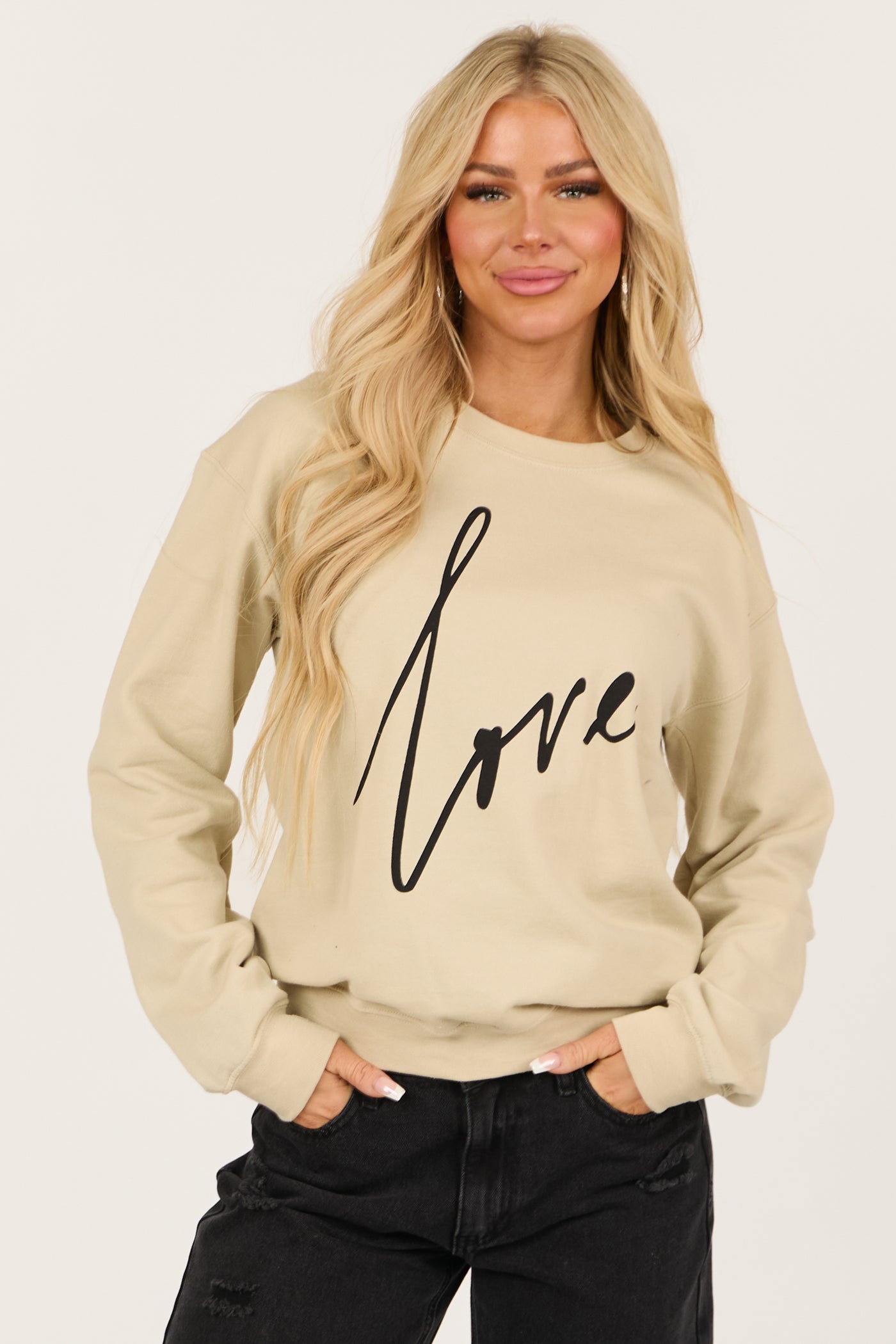 Light Sand 'Love' Graphic Long Sleeve Sweatshirt