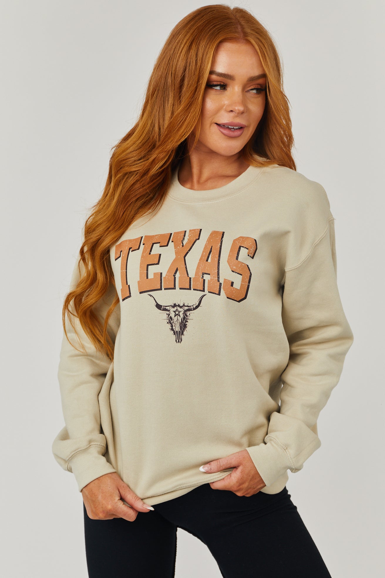 Light Sand 'Texas' Skull Cow Graphic Sweatshirt