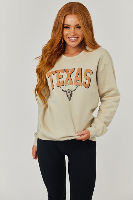 Light Sand 'Texas' Skull Cow Graphic Sweatshirt