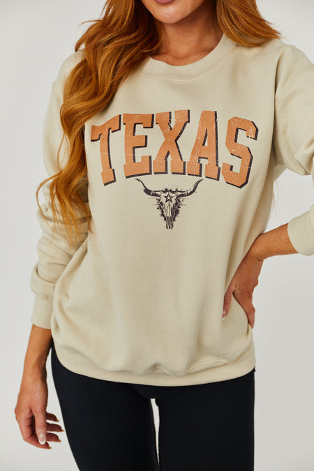 Light Sand 'Texas' Skull Cow Graphic Sweatshirt