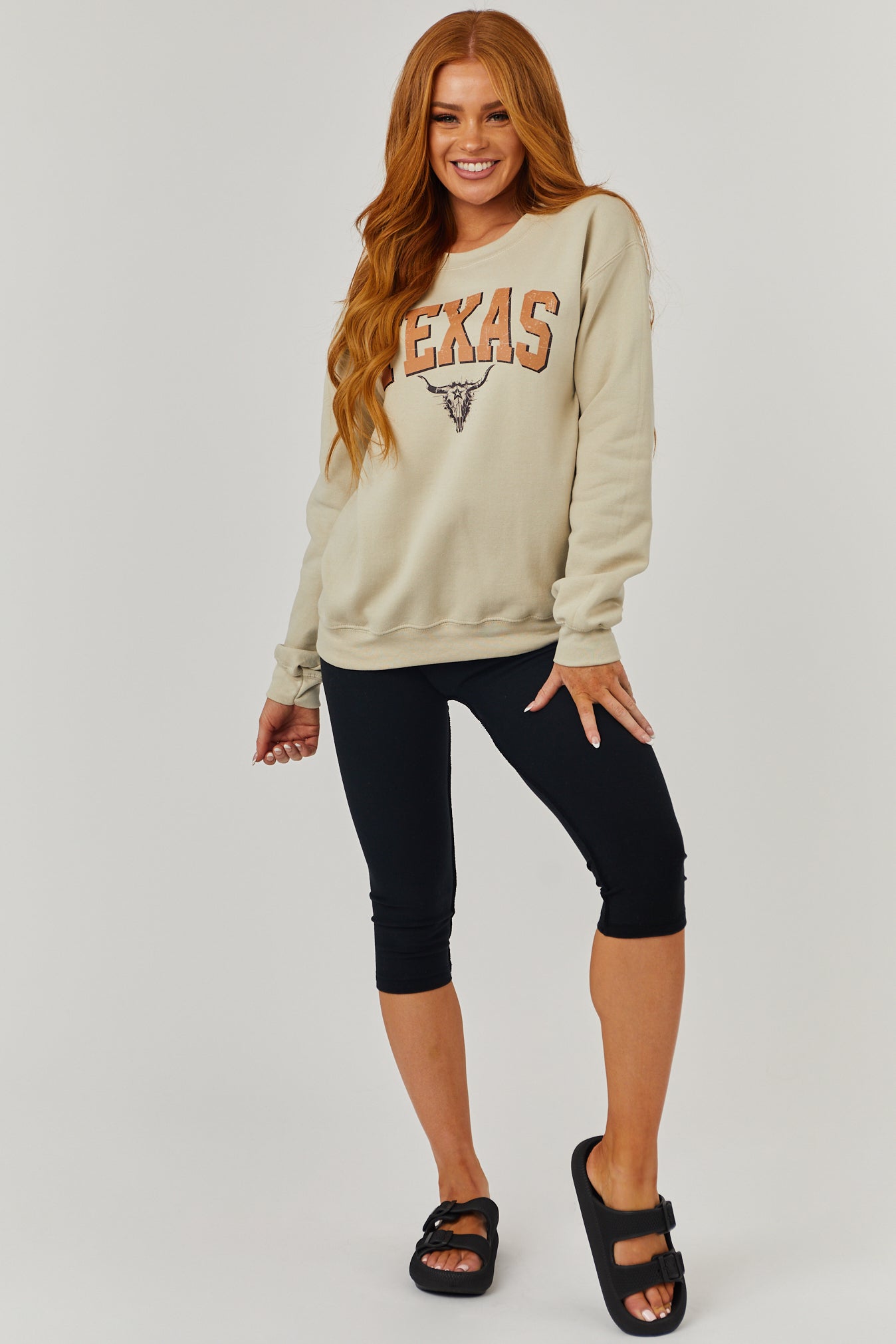 Light Sand 'Texas' Skull Cow Graphic Sweatshirt