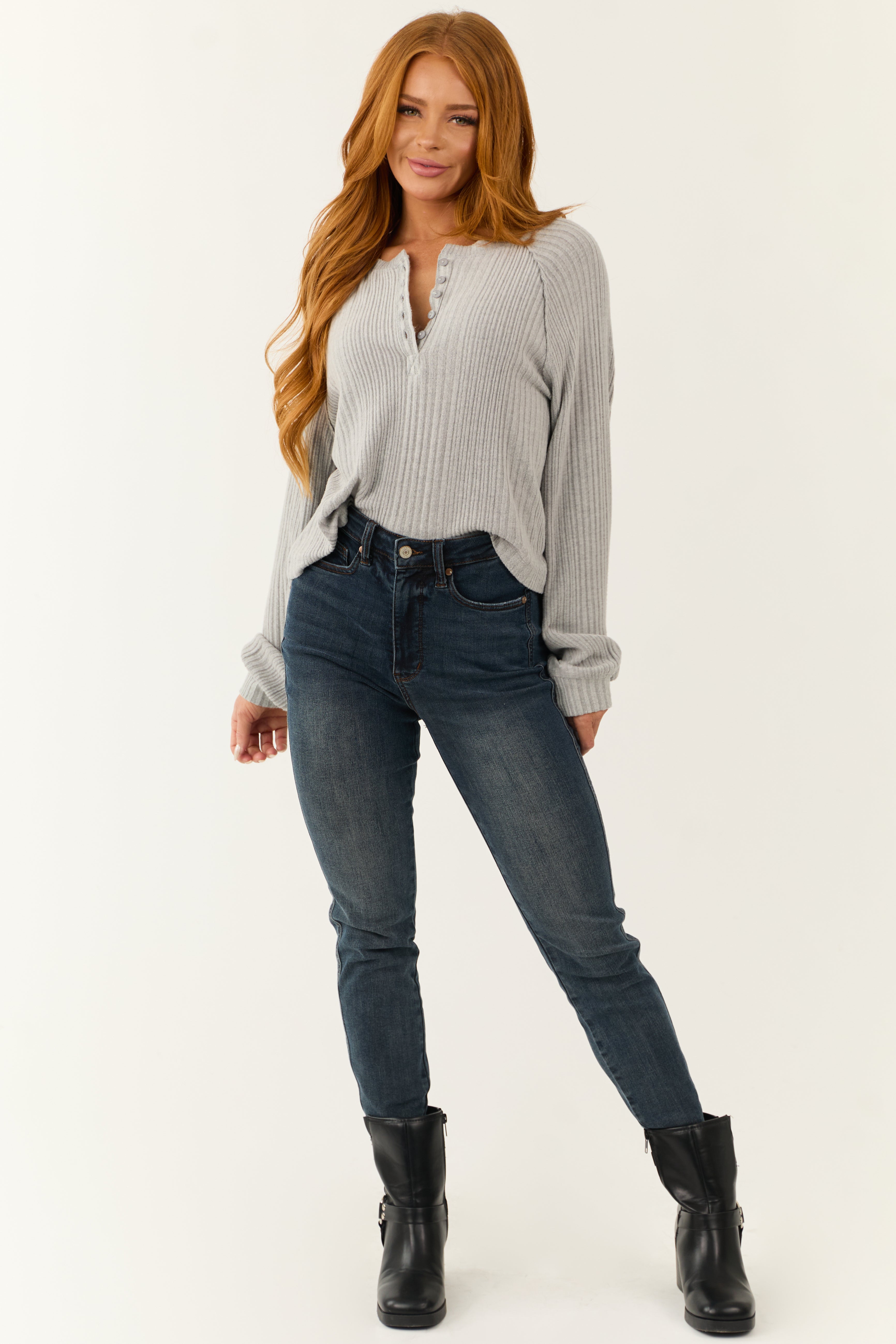 Light Slate Henley Ribbed Long Sleeve Top