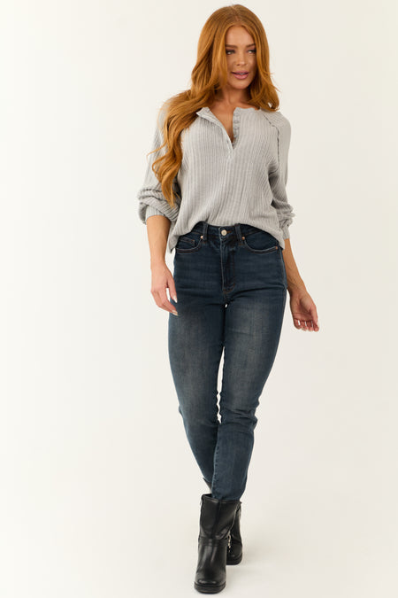 Light Slate Henley Ribbed Long Sleeve Top