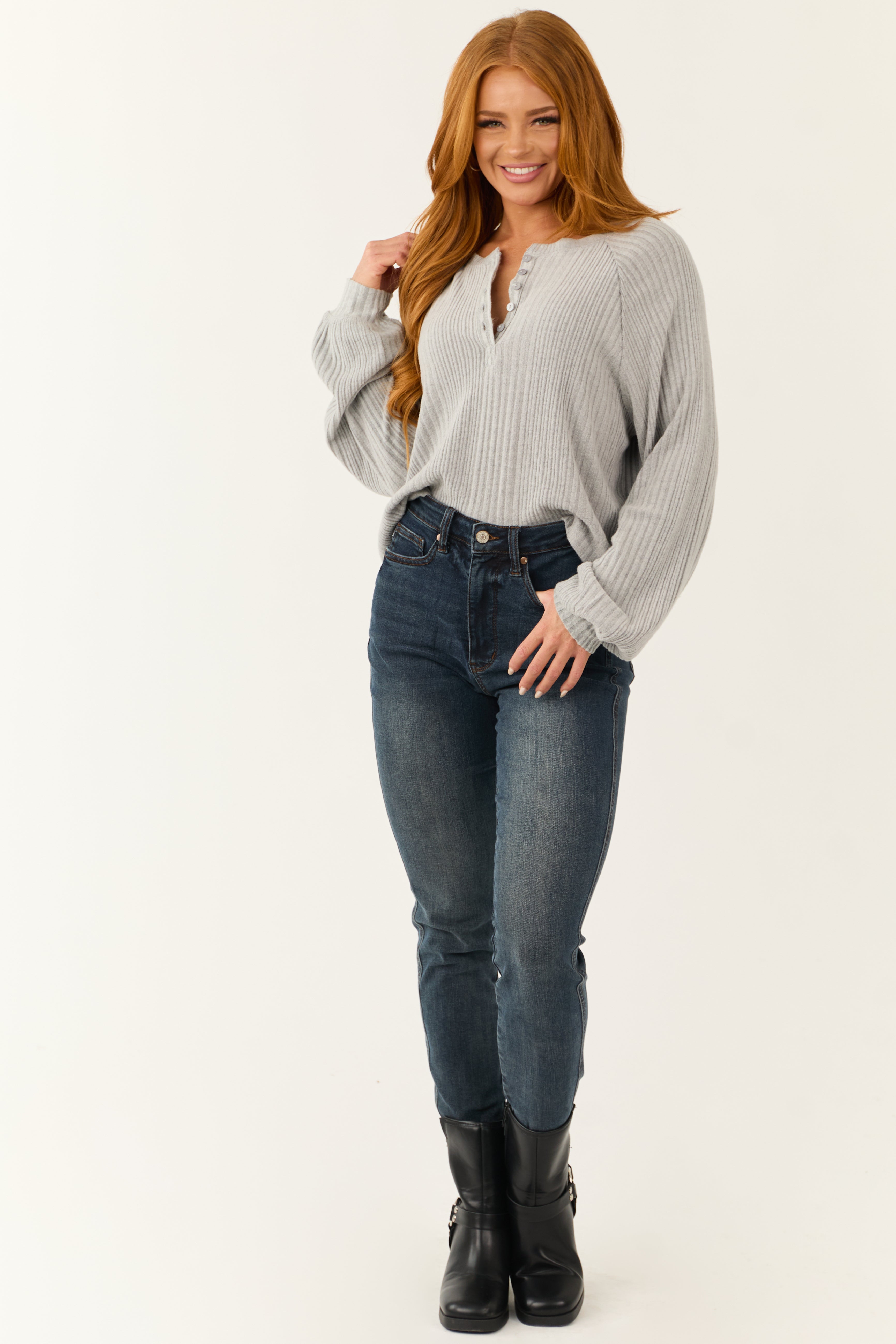 Light Slate Henley Ribbed Long Sleeve Top