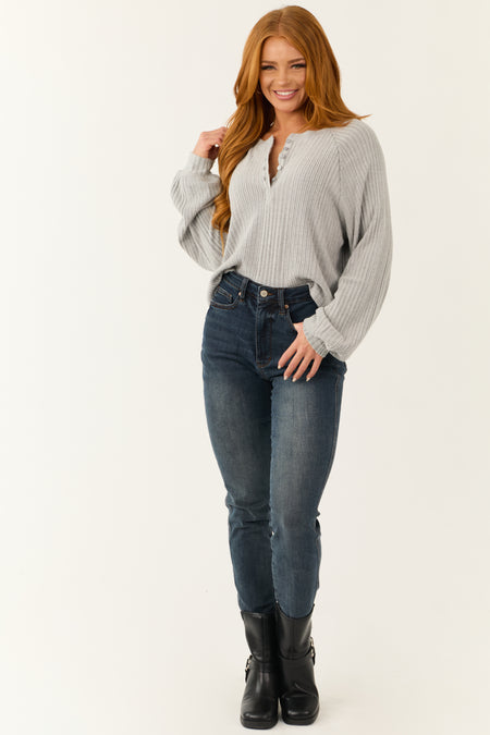 Light Slate Henley Ribbed Long Sleeve Top