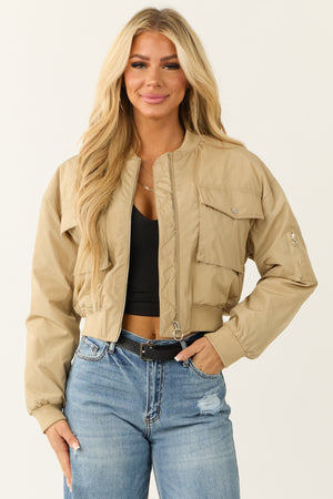 Light Taupe Zip Up Cropped Bomber Jacket