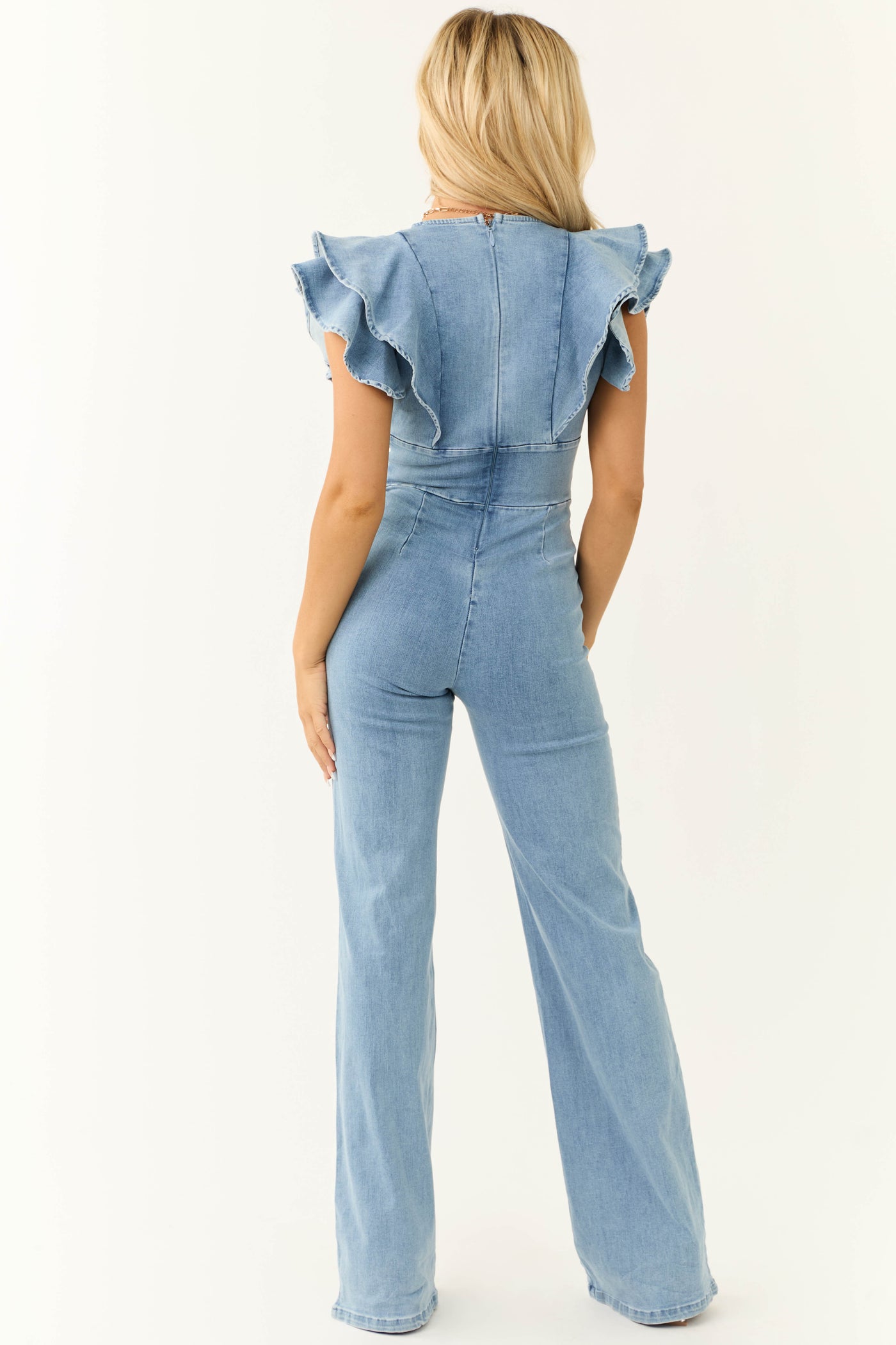 Light Wash Denim Belt Detail V Neck Jumpsuit