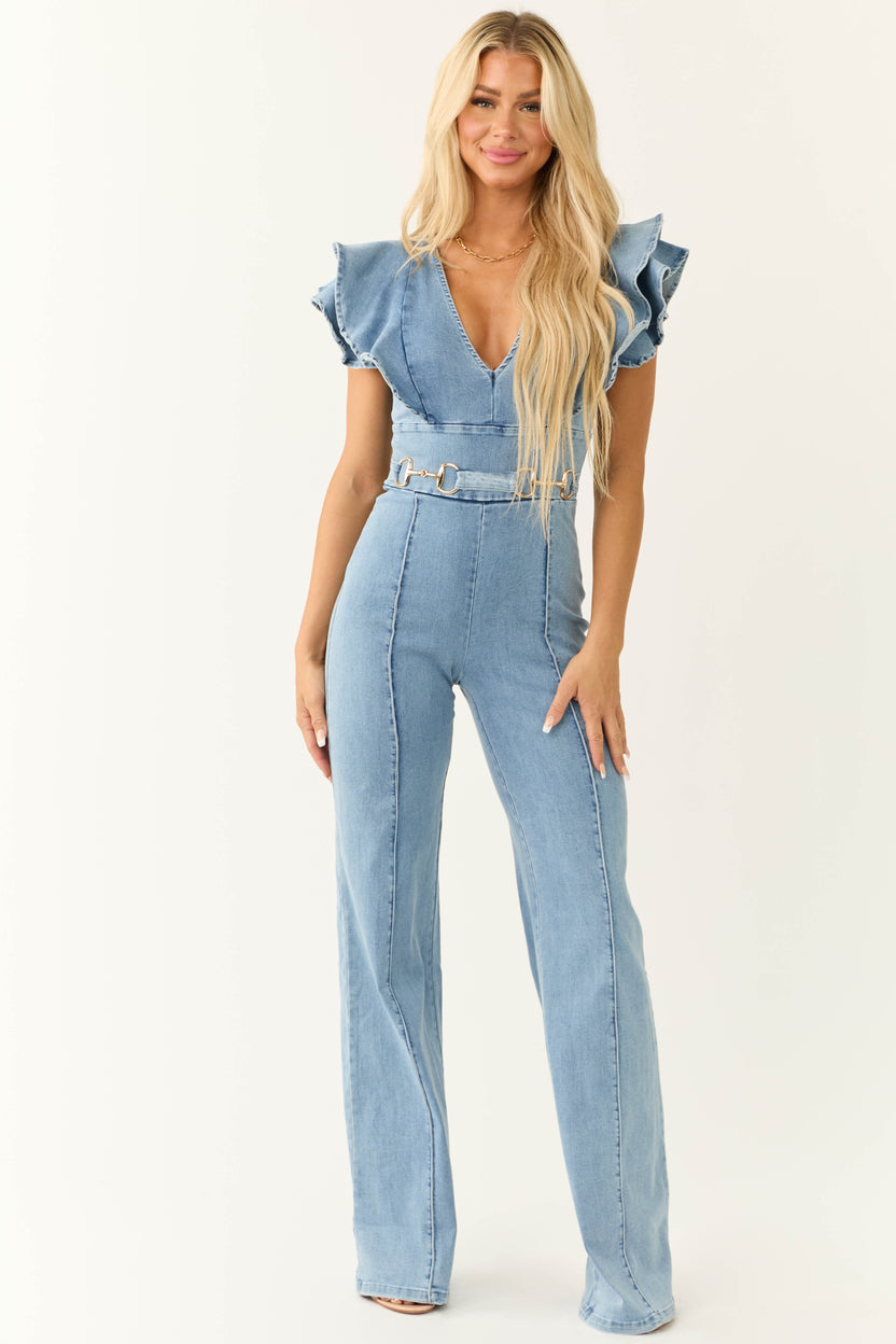 Light Wash Denim Belt Detail V Neck Jumpsuit