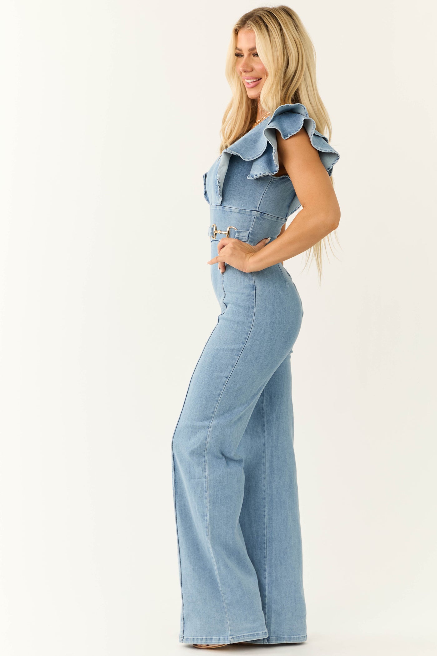 Light Wash Denim Belt Detail V Neck Jumpsuit