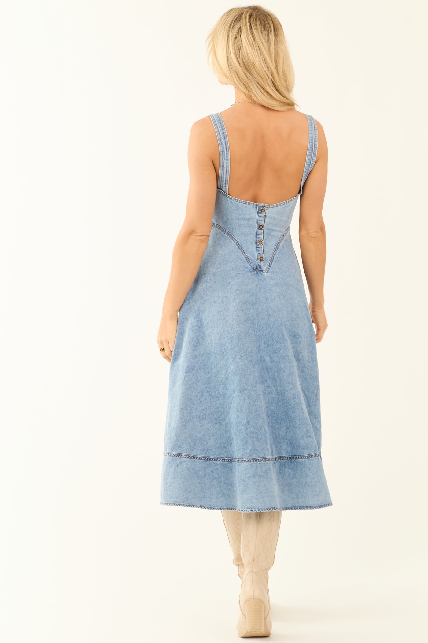 Light Wash Denim Buckle Strap Corset Midi Dress