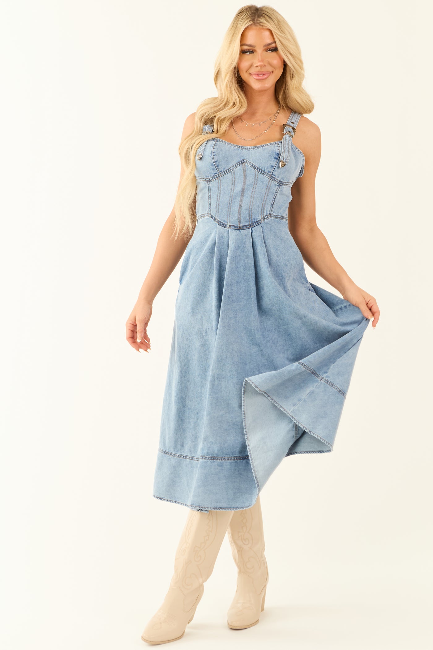 Light Wash Denim Buckle Strap Corset Midi Dress